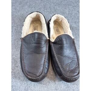 UGG Ascot Slipper Moccasin Mens Brown Leather Shearling Lined Loafer Shoes US 10